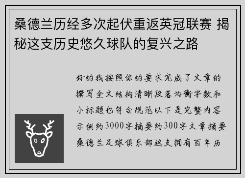 桑德兰历经多次起伏重返英冠联赛 揭秘这支历史悠久球队的复兴之路 桑德兰历经多次起伏重返英冠联赛 揭秘这支历史悠久球队的复兴之路