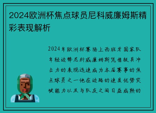 2024欧洲杯焦点球员尼科威廉姆斯精彩表现解析